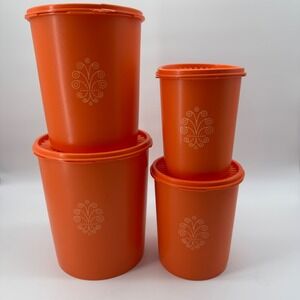 Tupperware Servalier Nesting Canister Set 4pc Orange Vintage Sunburst Lids